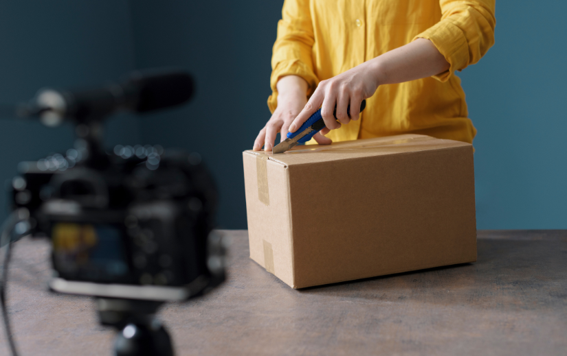 Person filming an unboxing video, a popular format for niche YouTube ideas and content monetization